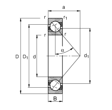 角接觸球軸承 7308-B-JP, 根據 DIN 628-1 標準的主要尺寸，接觸角 α = 40°