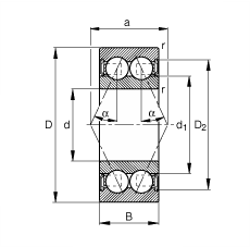 角接觸球軸承 3002-B-2RSR-TVH, 雙列，雙側唇密封，接觸角 α = 25°