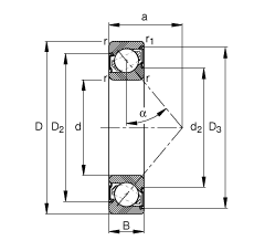 角接觸球軸承 7004-B-2RS-TVP, 接觸角 α = 40°, 兩側唇密封